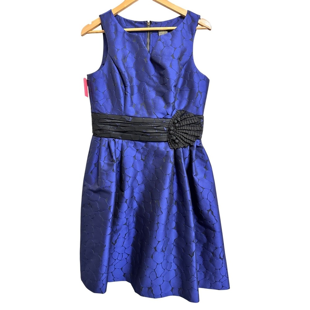 Taylor Women's Royal Blue Black Jacquard Sleeveless Fit Flare dress 10